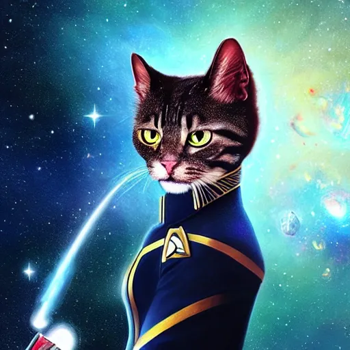 Prompt: a uhd photorealistic portrait of a cosmic cat wearing a starfleet uniform, holding a phaser, fantasy, sharp focus, intricate, sci - fi, artstation, matte, hyperdetailed, concept art, illustration, studio lighting, art by ilya kuvshinov, artgerm, alphonse mucha, amano, and karol bak