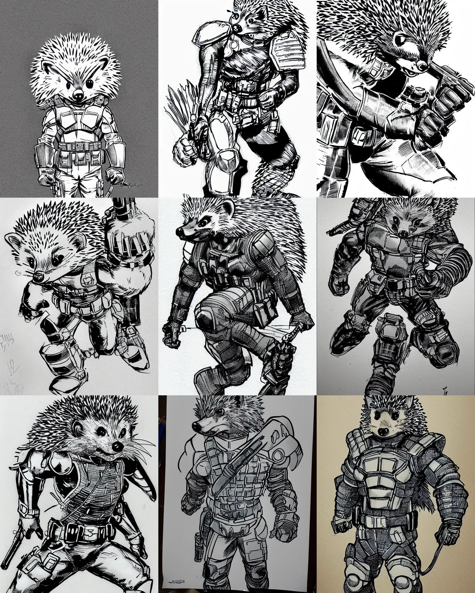 Prompt: hedgehog!!! jim lee!!! medium shot!! flat ink sketch by jim lee close up in the style of jim lee, swat soldier armor hedgehog animal by jim lee