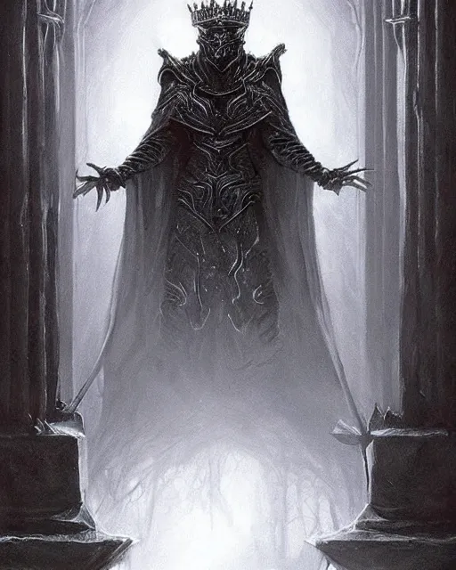 Image similar to a dark mage. he is wearing mage armor and a crown. he is frowning seriously. he is preparing to cast a dark spell. he is standing in a wizards room. award winning realistic oil painting by thomas cole and wayne barlowe