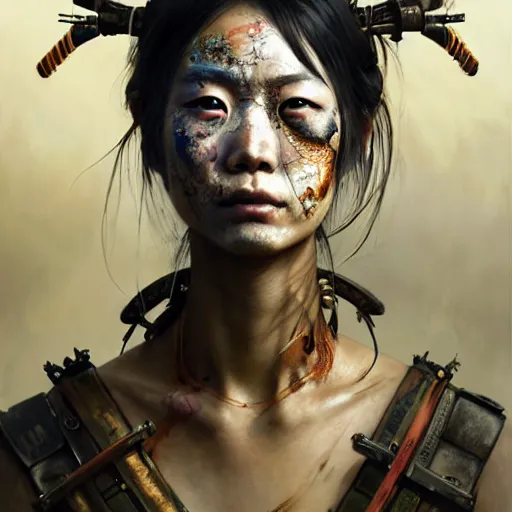 Image similar to portrait painting of a post - apocalyptic japanese lady with warpaint on her face wearing scrap samurai armor, ultra realistic, concept art, intricate details, eerie, highly detailed, photorealistic, octane render, 8 k, unreal engine. art by artgerm and greg rutkowski and charlie bowater and magali villeneuve and alphonse mucha