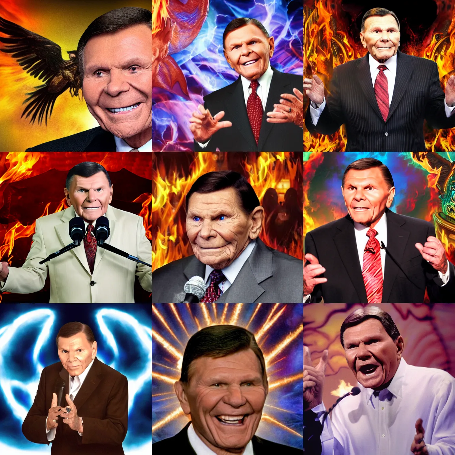 Prompt: high quality photo of christian televangelist kenneth copeland as demonic lucifer, hellfire background
