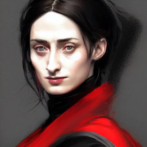 Image similar to portrait of a woman by greg rutkowski, she looks like elizabeth debicki, pale skin with black hair, she is wearing a red and black kevlar gear with a cape, highly detailed portrait, digital painting, artstation, concept art, smooth, sharp foccus ilustration, artstation hq