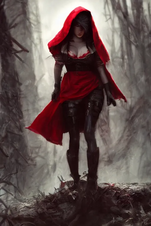 Image similar to little red riding hood, wolf slayer, cyberpunk, dramatic lighting, cinematic, establishing shot, extremely high detail, foto realistic, cinematic lighting, post processed, concept art, high details, cinematic, 8k resolution, beautiful detailed, photorealistic, digital painting, artstation, concept art, smooth, sharp focus, artstation trending, octane render, unreal engine