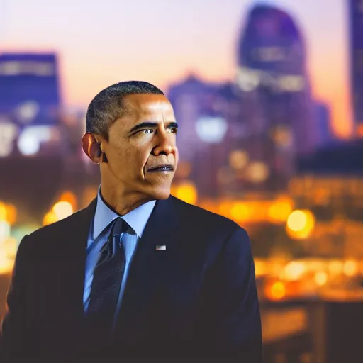 Image similar to a still of Barak Obama. Shallow depth of field. City at night in background, lights, colors ,studio lighting, mood, 4K. Profession photography