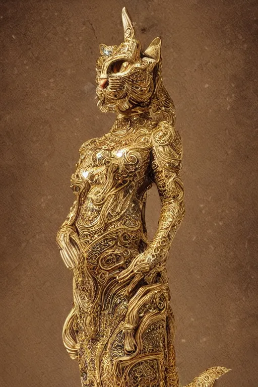 Image similar to a cinematic view of a ornated intricate cat goddess statue made by hedi xandt, realistic, macabre art, stained dried cracked skin, using gold ornaments detailed image