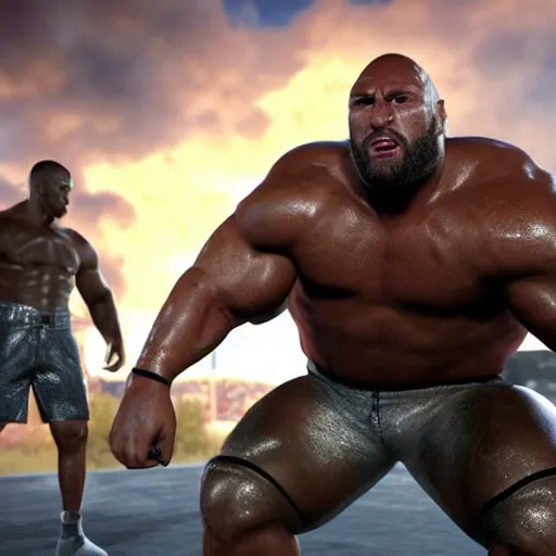 Image similar to giga chad fighting the rock in a wwe arena, cinematic lighting, photorealistic,