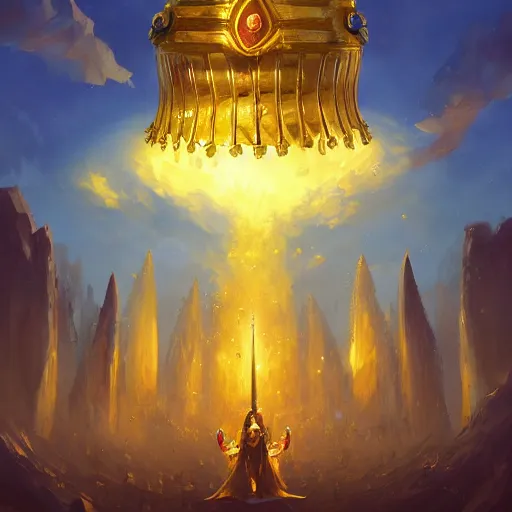 Image similar to a holy giant ringing bell made of gold, yellow theme, bright art masterpiece artstation. 8 k, sharp high quality artwork in style of jose daniel cabrera pena and greg rutkowski, concept art by tooth wu, blizzard warcraft artwork, hearthstone card game artwork, giant ringing bell