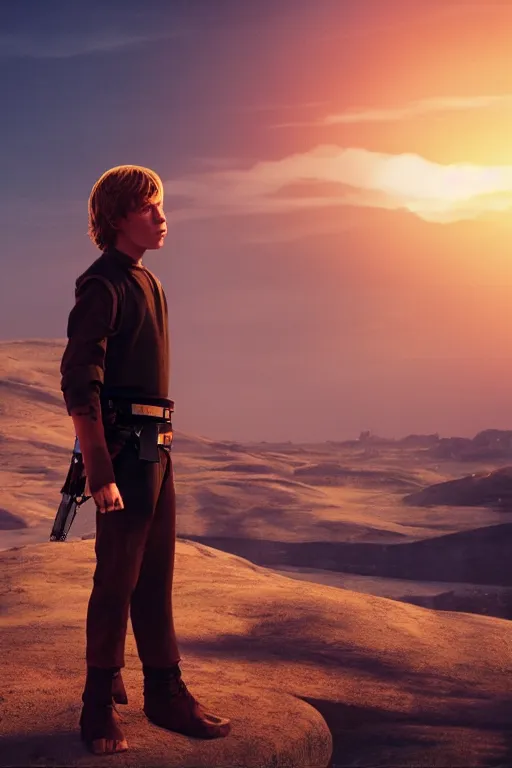 Prompt: young luke skywalker in a heroic pose against a tattooine sunset, close up, dramatic lighting, octane render