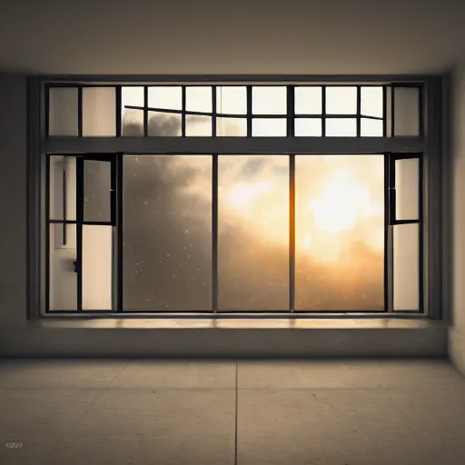 Prompt: Photorealistic window open to space, octane render, HD, volumetric lighting, mist, twilight, high details