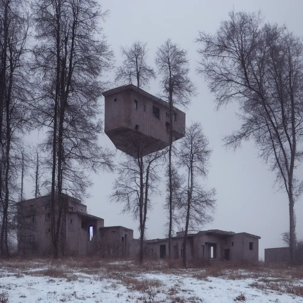 Image similar to landscape with brutalistic soviet architecture style abandoned lifeless house, near foggy forest, dark winter evening, snowing, strong, blizzard, atmospheric, mystical, very detailed 4 k, professional photography