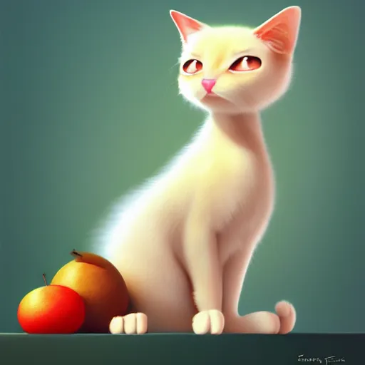 Prompt: Goro Fujita ilustration a very pretty baby cat, with fluffy white fur on top of fresh fruit, painting by Goro Fujita, sharp focus, highly detailed, ArtStation