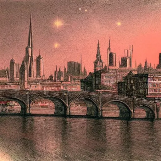 Image similar to A beautiful photograph of a cityscape with tall spires and delicate bridges. astrophotography, pastel red by Thomas Gainsborough, by Helmut Newton harrowing