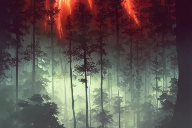 Prompt: huge red giant japanese fishes are flying betweeb the tall trees of a deep Bavarian forest at night. Looking up view, dramatic perspective.misty, mood. art by Greg Rutkowski and Craig Mullins and Alphonse Mucha and Moebius and Roger Deakins