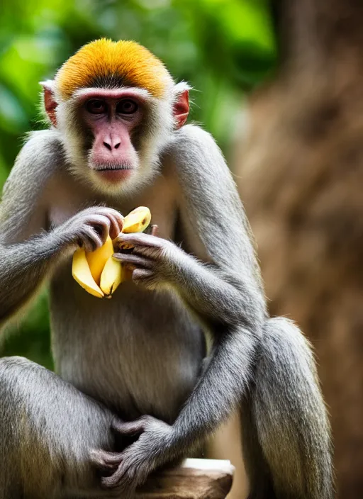 Image similar to a monkey feeds a banana to a person, color high - quality photo