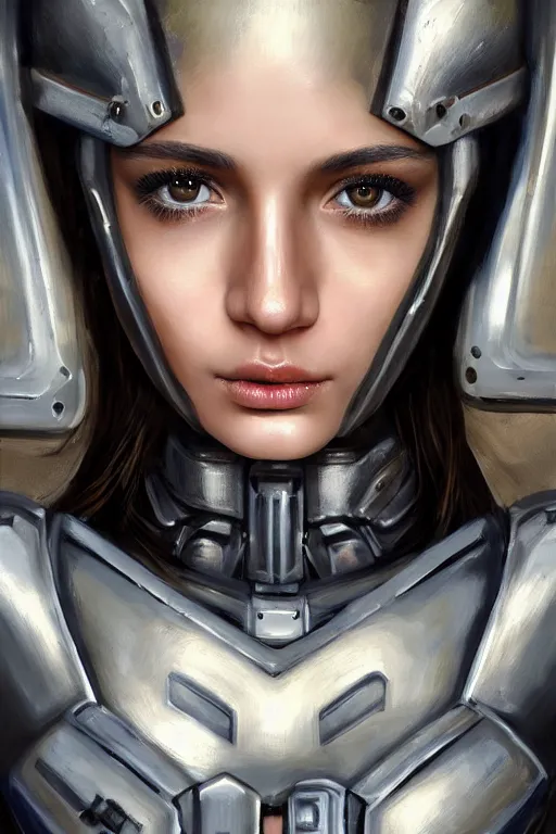 Image similar to a photorealistically painted portrait of an attractive young girl, partially clothed in cybernetic battle armor, with an abstractly painted background, flawless olive skin, fair complexion, long dark hair, beautiful bone structure, perfectly symmetric facial features, perfect photorealistic eyes, natural physique, intricate, elegant, digital painting, concept art, finely detailed, beautifully illustrated, sharp focus, minimal artifacts, volumetric lighting, from Metal Gear, by Ruan Jia and Mandy Jurgens and Artgerm and William-Adolphe Bouguerea, in the style of Greg Rutkowski, trending on Artstation, award winning art