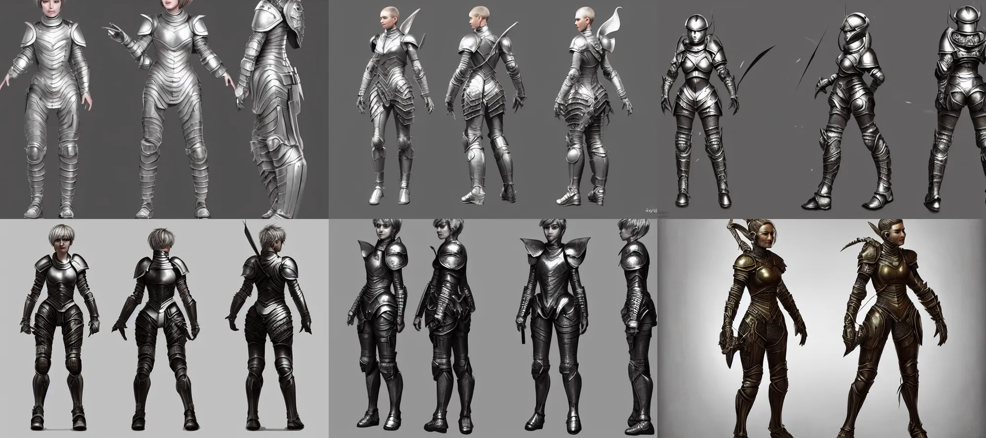 Prompt: hyper detailed 3 d full body turnaround character portrait of a woman with a pixie cut and armor, realistically proportioned face, photorealistic eyes, cinematic lighting, good value control, smooth, realistic shading, realistic face details, highly detailed, digital painting, painted texture maps, illustration, substance painter, ultra realistic, very highly detailed, segmented armor