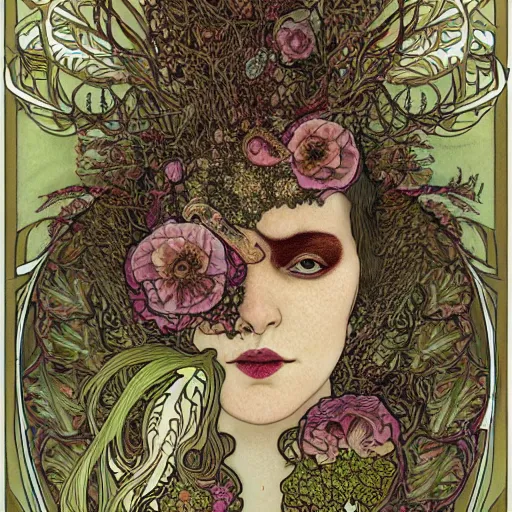 Image similar to a beautiful detailed front view portrait of a rotten woman corpse with fractal plants and fractal flowers and mushrooms growing around, symmetrical, ornate, ornamentation, illustration, in the style of art nouveau, mucha