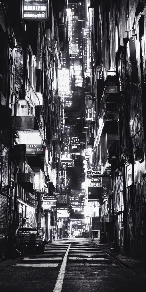 Image similar to street view of a dark cyber noir city, night, photoreal 35mm 8k photography