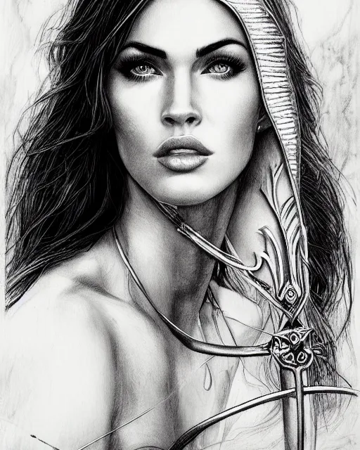 Image similar to portrait of beautiful megan fox as greek goddess aphrodite, archer, arrow on the head, beautiful piercing eyes, flowing blonde hair, realistic face, black and white drawing, in the style of greg rutkowski, fantasy, amazing detail, epic, intricate, elegant, smooth, sharp focus