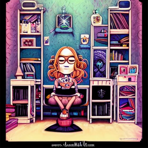 Prompt: lonely goth nerd sitting in cluttered room alone, by jeremiah ketner, aesthetic!!!, detailed, realistic, hyper realism, small details, goth aesthetic,