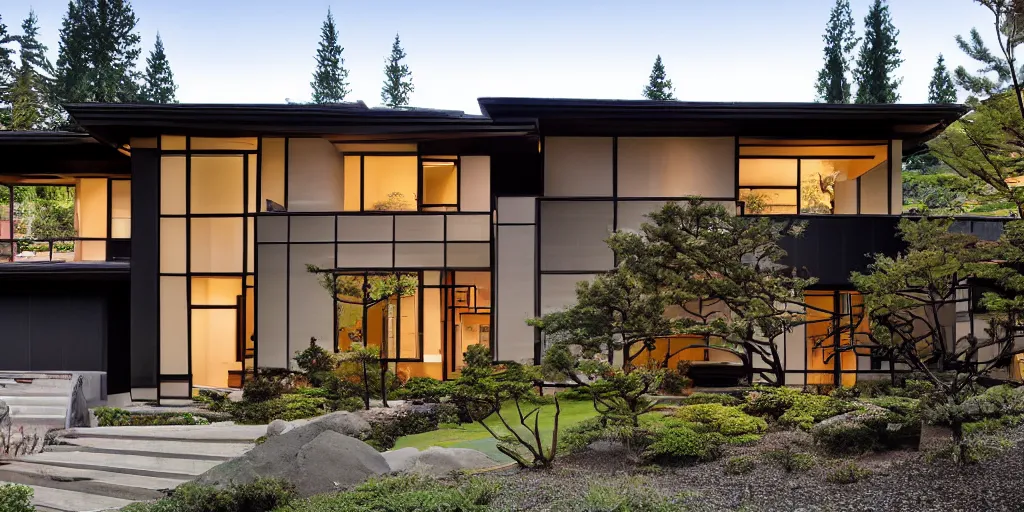 Image similar to large modern residence, pacific northwest japanese style, flared japanese black tile roof, many windows with warm light, elegant