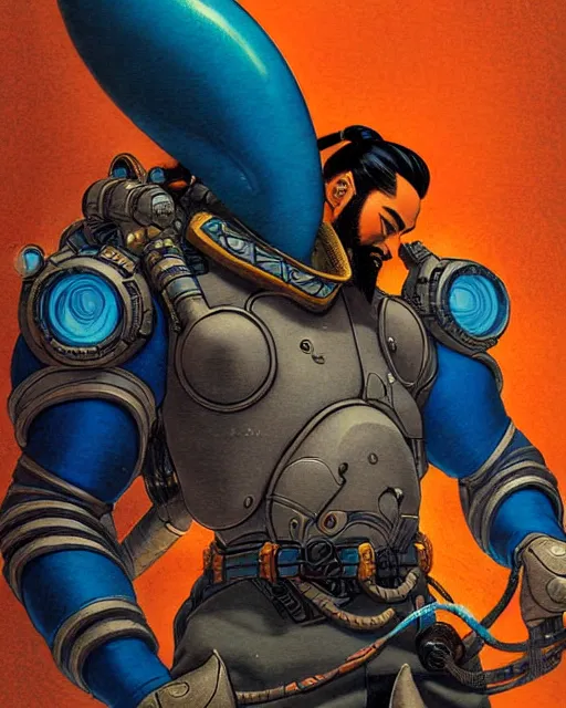 Prompt: hanzo from overwatch, character portrait, portrait, close up, concept art, intricate details, highly detailed, vintage sci - fi poster, retro future, vintage sci - fi art, in the style of chris foss, rodger dean, moebius, michael whelan, katsuhiro otomo, and gustave dore