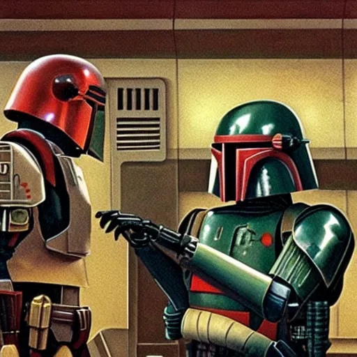 Image similar to ig-88 talking to boba fett in the cantina, artwork by ralph mcquarrie