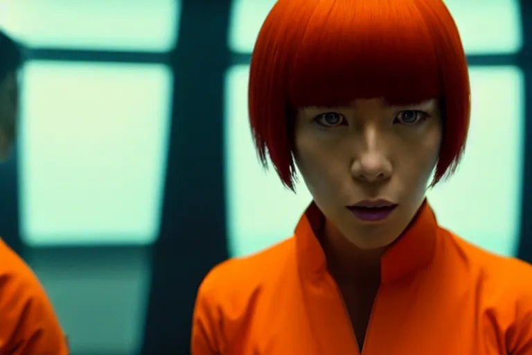 Image similar to major motoko wearing an orange prison jumpsuit, a giant blue hologram of a screaming child in the background, photography by fred palacio medium full shot still from bladerunner 2 0 4 9, sci fi, bladerunner, canon eos r 3, f / 3, iso 2 0 0, 1 / 1 6 0 s, 8 k, raw, unedited