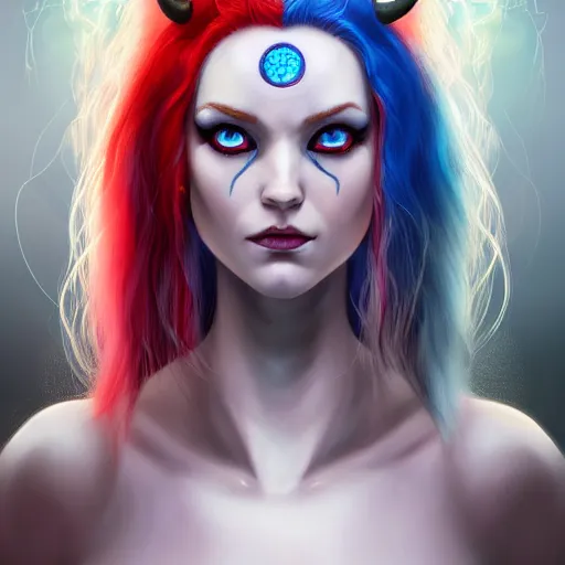 Image similar to perfectly - centered close - up face - portrait of a goddess with glowing red eyes and long blue hair and horns on her head, the perfect human female specimen, intricate, elegant, super highly detailed, professional digital painting, artstation, concept art, smooth, sharp focus, no blur, no dof, extreme illustration, unreal engine 5, 8 k, by anne stokes