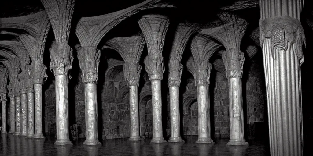 Prompt: durin's bane in the great hall of moria, columns along both sides of the great hall, style of h. r. giger, dark, cinematic