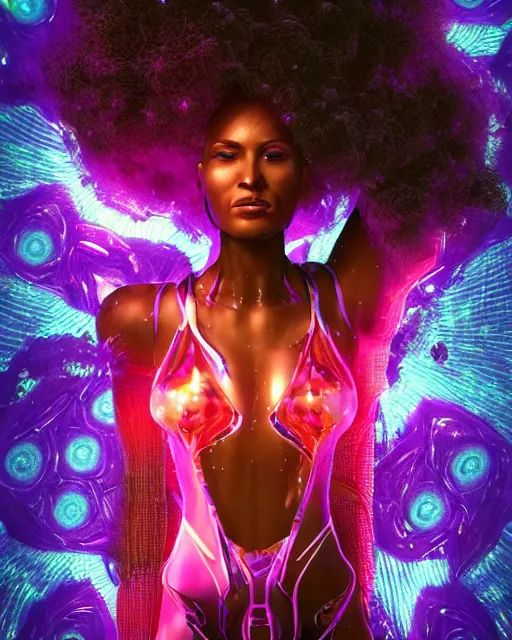 Image similar to a powerful energy psychedelic matrix afro american woman, by alexander fedosav, hyper detailed digital matte painting, concept art, hyperrealism, 1 6 k resolution, cinema 4 d, 8 k resolution, trending on artstation, behance hd, a masterpiece, by stephan martiniere, particles, cel - shaded, power bright neon energy, by david a. hardy