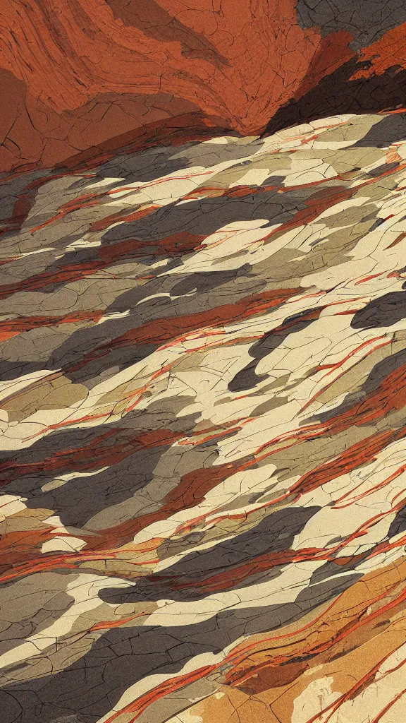 Prompt: vivid color, sedimentary schematic, organic swirling igneous rock, marbled veins, architectural drawing with layers of strata, ochre, sienna, gray, olive, dramatic lighting, rock texture, sand by James jean, geology, octane render in the style of Luis García Mozos