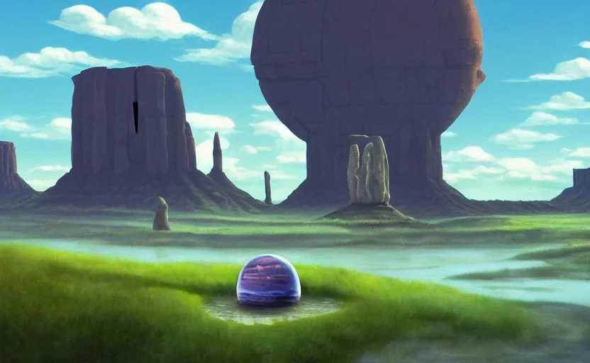 Prompt: a scary hyperrealist painting of a stone spaceship and a giant transparent bubble from howl's moving castle ( 2 0 0 4 ) in a flooded monument valley stonehenge jungle. depth perception, 4 k, artstation, in the style of studio ghibli