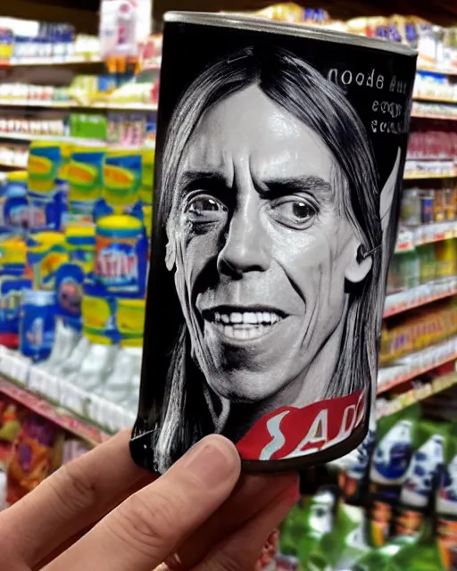 Image similar to a hand holding a tall soda can with iggy pop's face on the label, inside a supermarket