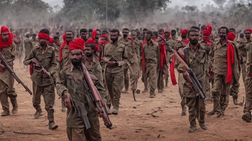 Prompt: Red Terror or Key Shibir in Ethiopia, counter-revolutionaries, moody, dark, movie scene, hd, 4k, wide shot