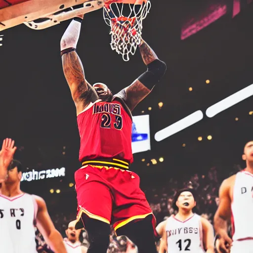 Prompt: photo of asian lebron james dunking a basketball, nikon d 7 3 0