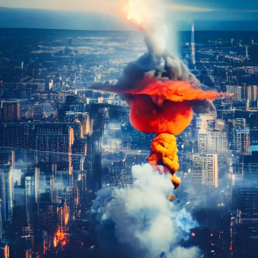 Image similar to centered action photography shot of extremely detailed hyper realistic thermonuclear bomb explosion in a city, professional film photography, 8 k, cinematic framing, cinematic lighting