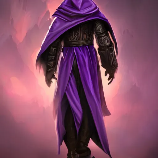 Prompt: warlock long hood cloak purple, fighting dark evil monster from hell in magic world, 8 k, trending on artstation by tooth wu