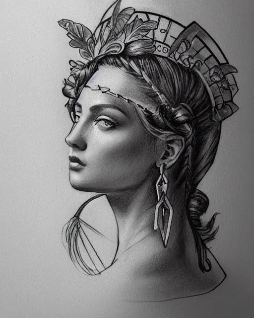 Image similar to realism tattoo sketch of a beautiful greek goddess aphrodite with piercing eyes wearing a laurel wreath and triangle earrings, in the style of greg rutkowski, amazing detail