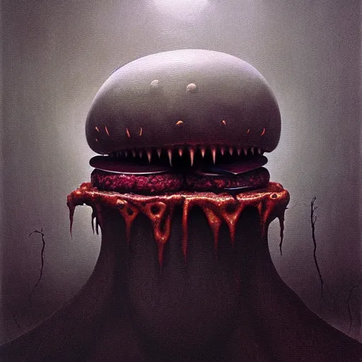 Image similar to horrifying eldritch cheeseburger, painting by zdzisław beksinski, product photograph, 4 k, dark atmosphere, horror, veins, oozing slime