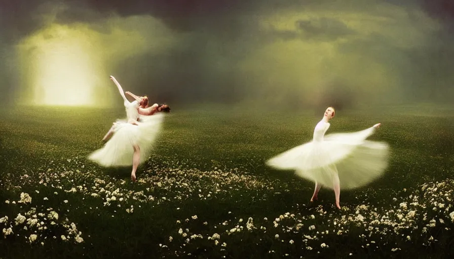 Prompt: dancers in white dancing across a flower meadow the moonlit dance of the fae by wojciech siudmak and ivan aivazovsky, contemporary dancers dancing artistic photography movement photorealistic volumetric cinematic light, award - winning