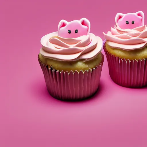 Prompt: a delicious looking pink cat cupcake, advertised in a winning food magazine, studio product lighting, presented on a light red pastel colored background