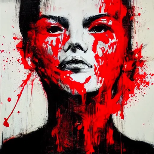 Prompt: portrait of woman with two faces covered in red dripping paint, artwork by guy denning and charlie bowater,