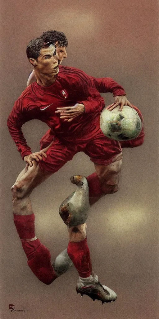 Prompt: cristiano Ronaldo tackling a ball of meat by Zdzisław Beksiński, football nike