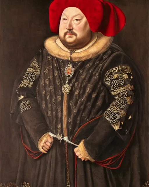 Image similar to fat dark gray cat with yellow eyes dressed like henry viii, tudor period robes in scarlet gold black, tudor bonnet, luxurious, opulent, regal, royal portrait, hans holbein the younger, greg rutkowski