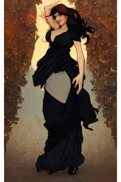 Image similar to bearded young man in orange t - shirt fastens beautiful black dress of his spouse before going to exquisite gala art by artgerm and greg rutkowski and charlie bowater and magali villeneuve and alphonse mucha