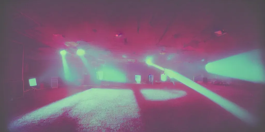 Image similar to polaroid photo of an empty dancehall, bright colourful strobelights, smoke coming from the floor, lens flare