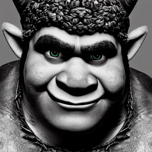 Prompt: black and white photographic portrait of shrek, harsh lighting, 8k, high definition, detailed, 4k, artistic