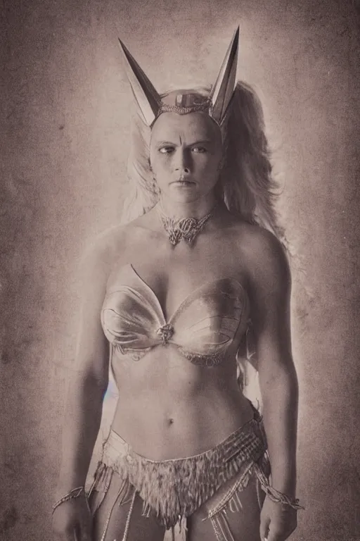 Image similar to she - ra, portrait, full body, symmetrical features, silver iodide, 1 8 8 0 photograph, sepia tone, aged paper, sergio leone, master prime lenses, cinematic