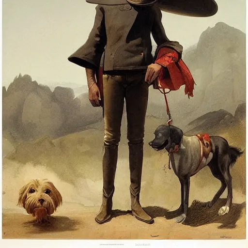 Image similar to a person with the head of a dog and the body of a slender man wearing a cowboy hat and poncho. By Zabrocki, Raphael Lacoste. JC Leyendecker.